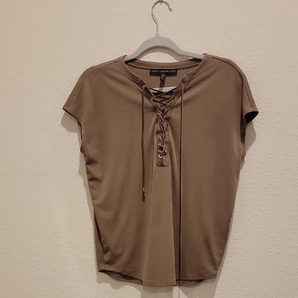 White House Black Market Brown Lace-Up Short Sleeve Top